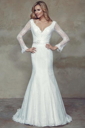 Wedding Dresses For Busts Ucenter Dress Trumpet Long Sleeve Maxi V Neck Lace Wedding Dress With Waist Jewellery And