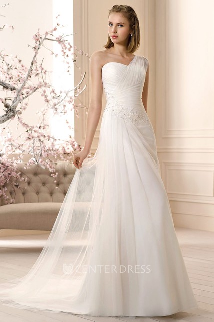 Sleeveless Long One Shoulder Ruched Tulle Wedding Dress With