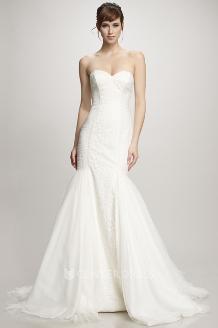 Trumpet Long Sweetheart Lace Tulle Wedding Dress With Ruching And