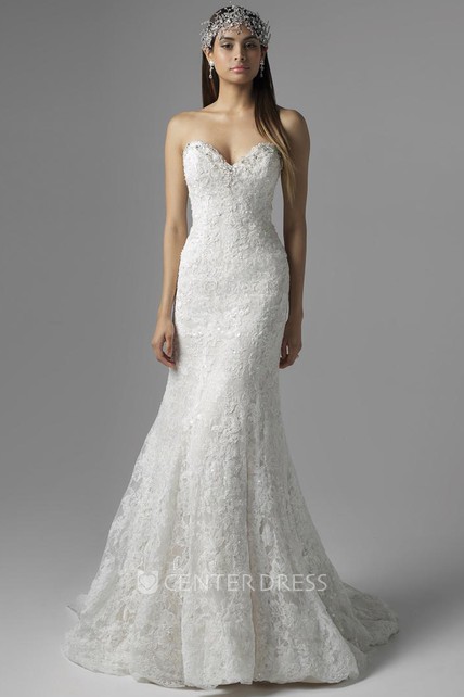 Sheath Sweetheart Beaded Lace Wedding Dress