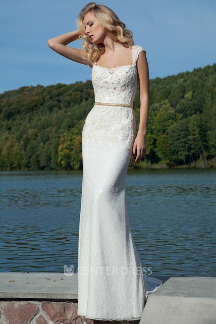 Pencil Appliqued Sleeveless Long Queen Anne Lace Prom Dress With