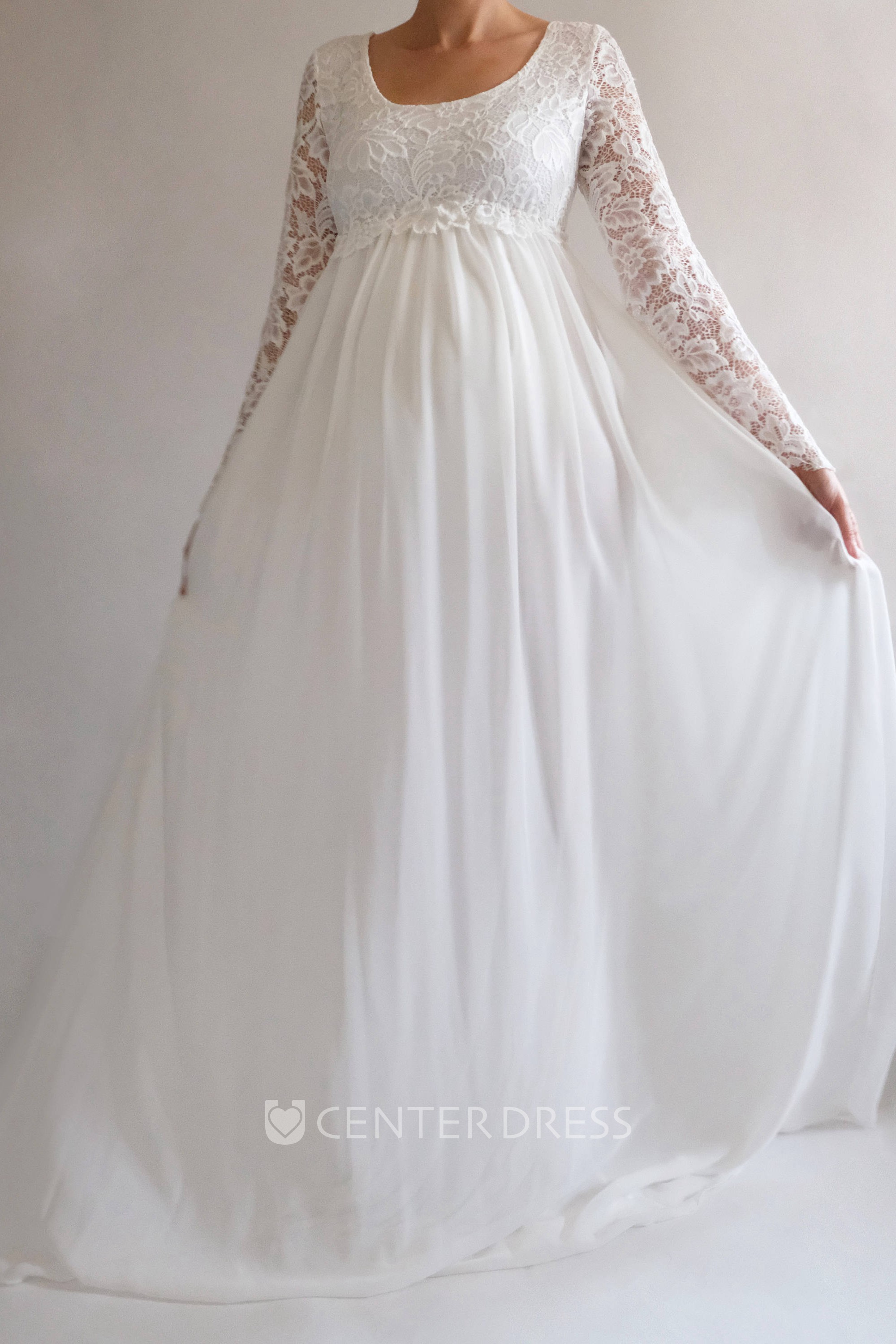 A Line Sweep Brush Train Long Sleeve Empire Maternity Wedding