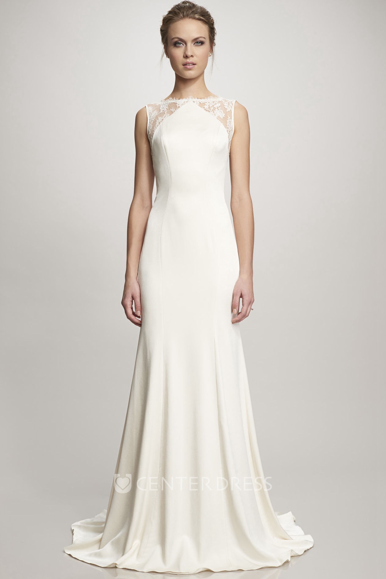 A Line Sleeveless Floor Length Lace Satin Wedding Dress With