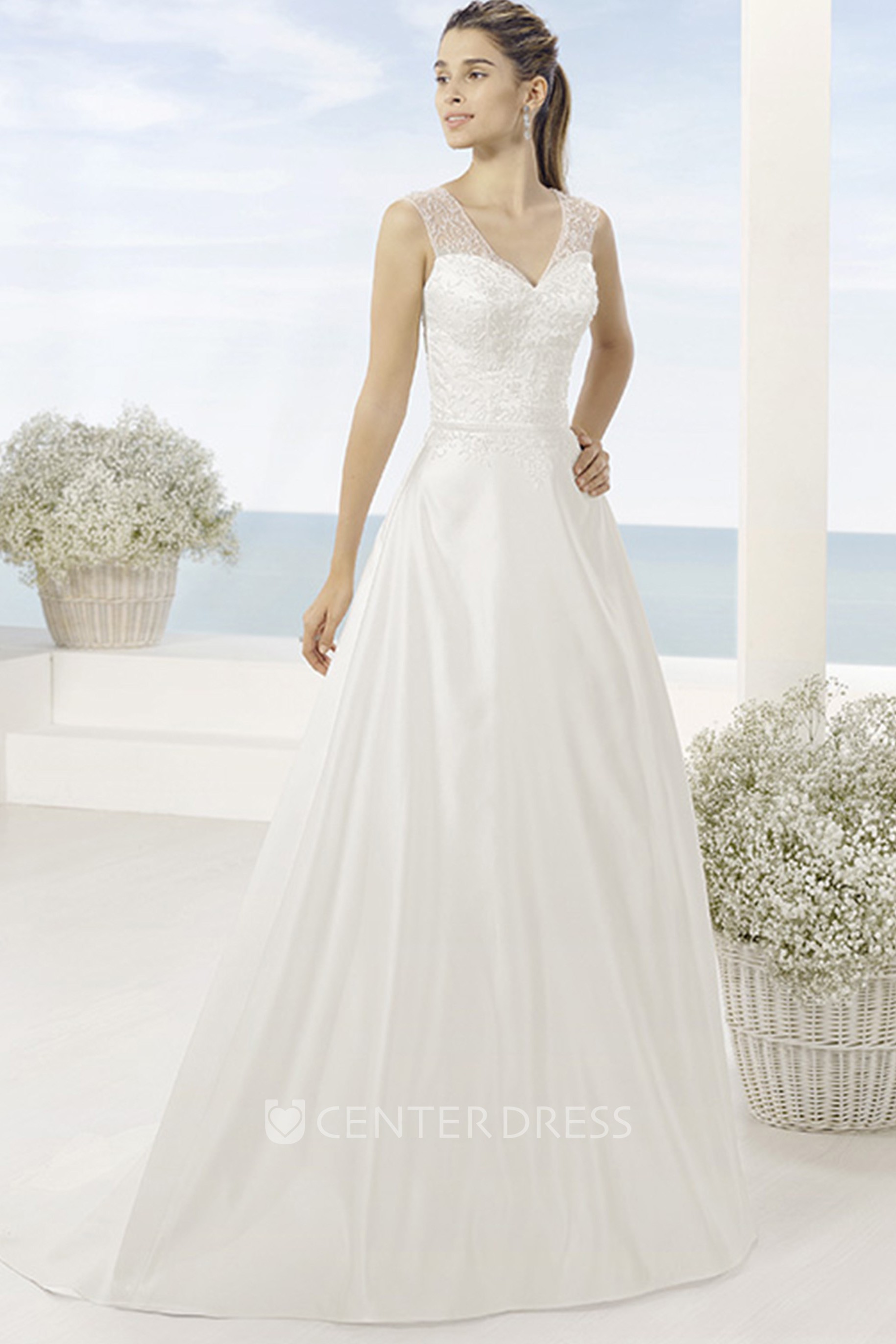 A Line Floor Length Appliqued V Neck Sleeveless Satin Wedding