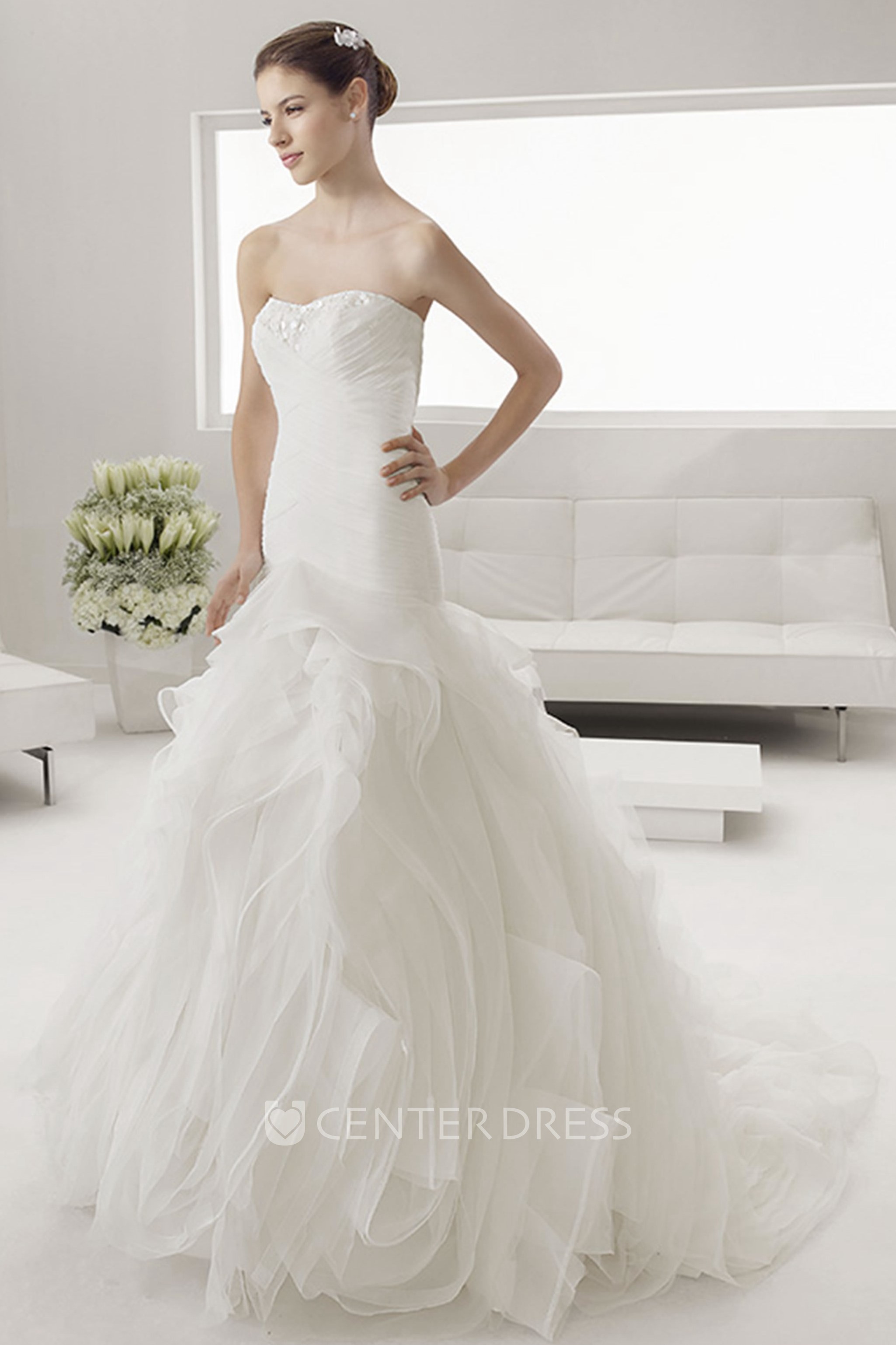 Lace Neck Mermaid Bridal Gown With Ruched Bodice And Organza