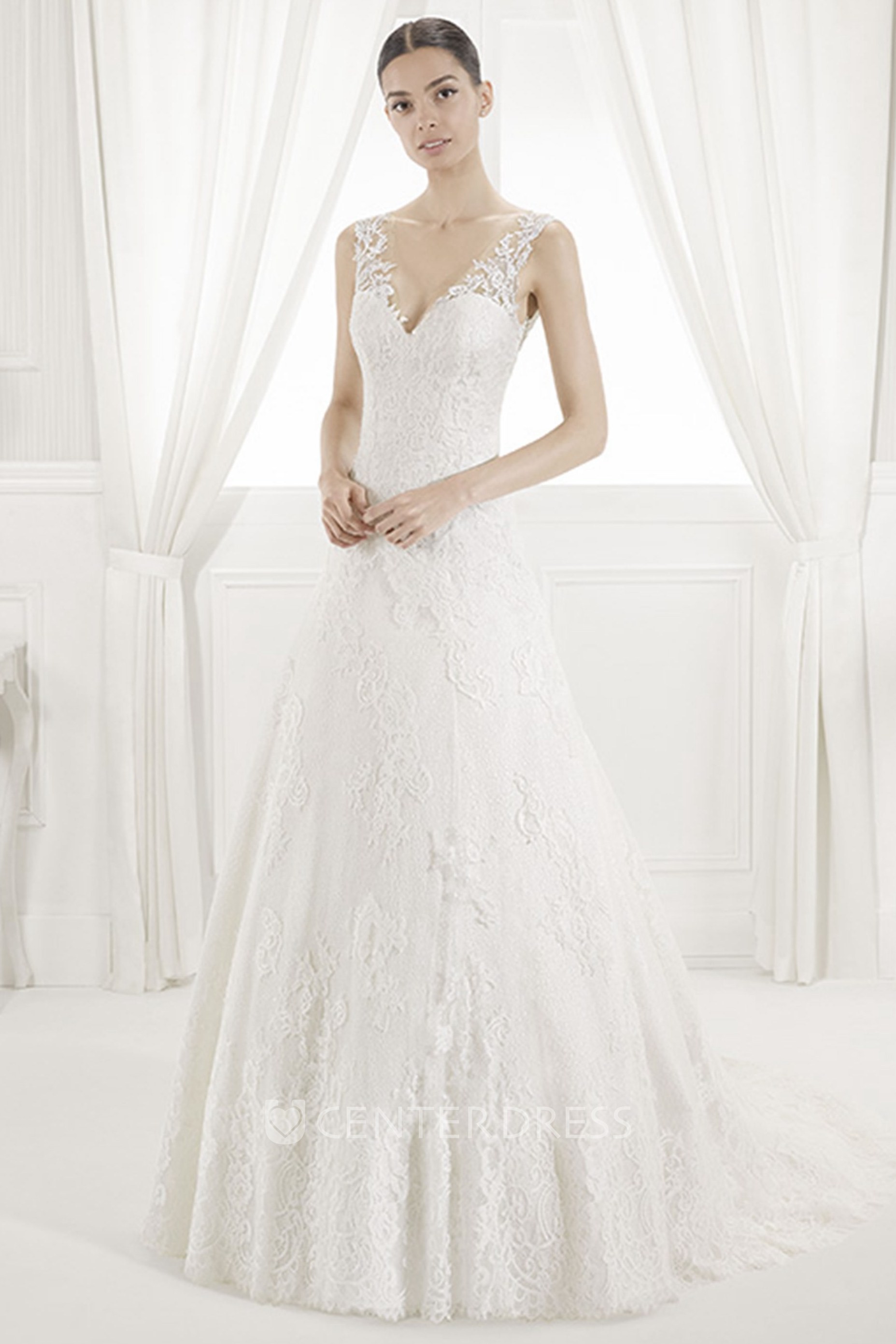 V Neck V Back A Line Lace Bridal Gown With Illusion Style