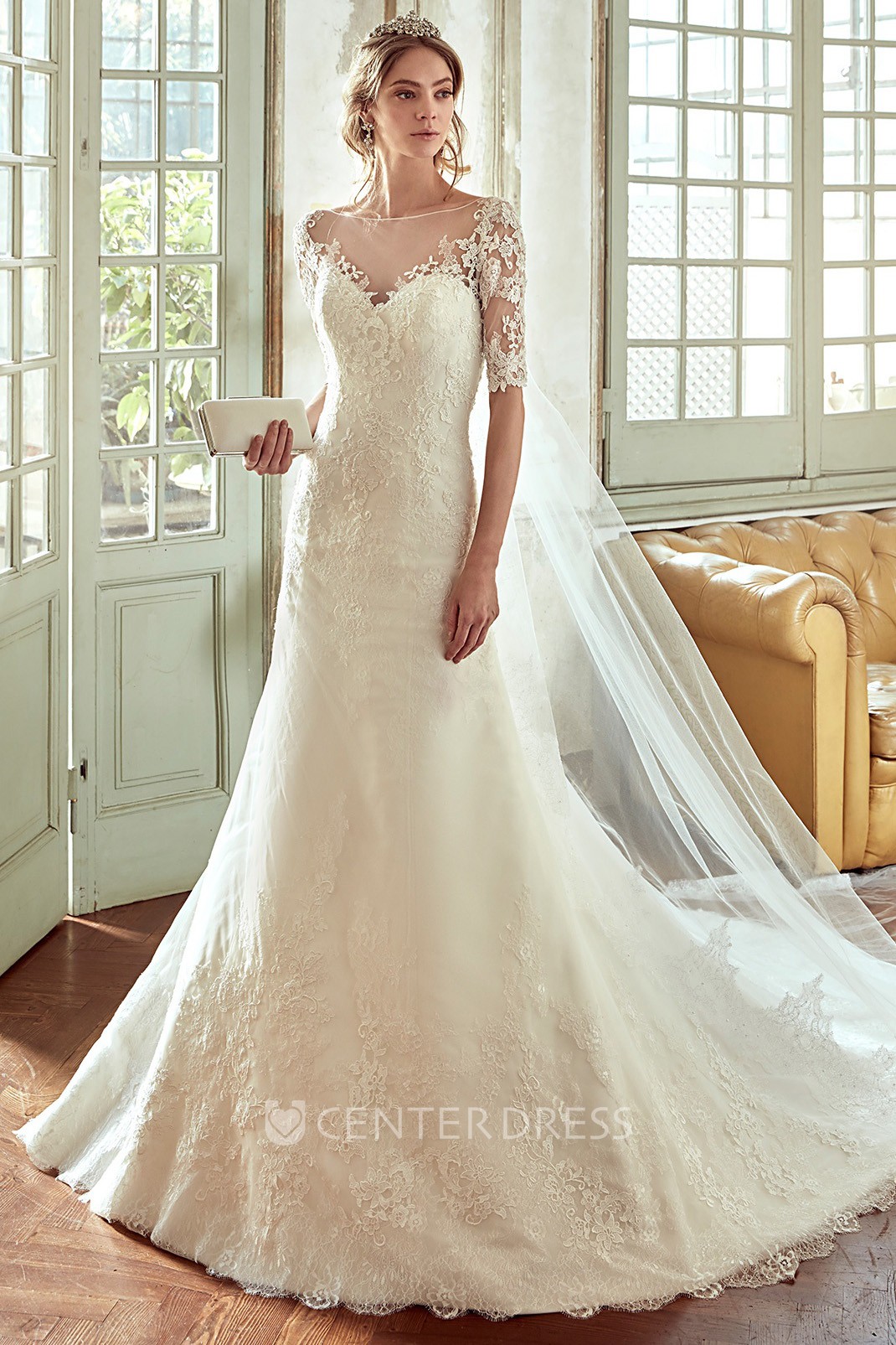 Sweetheart Lace Wedding Dress With Half Sleeves And Illusive Back