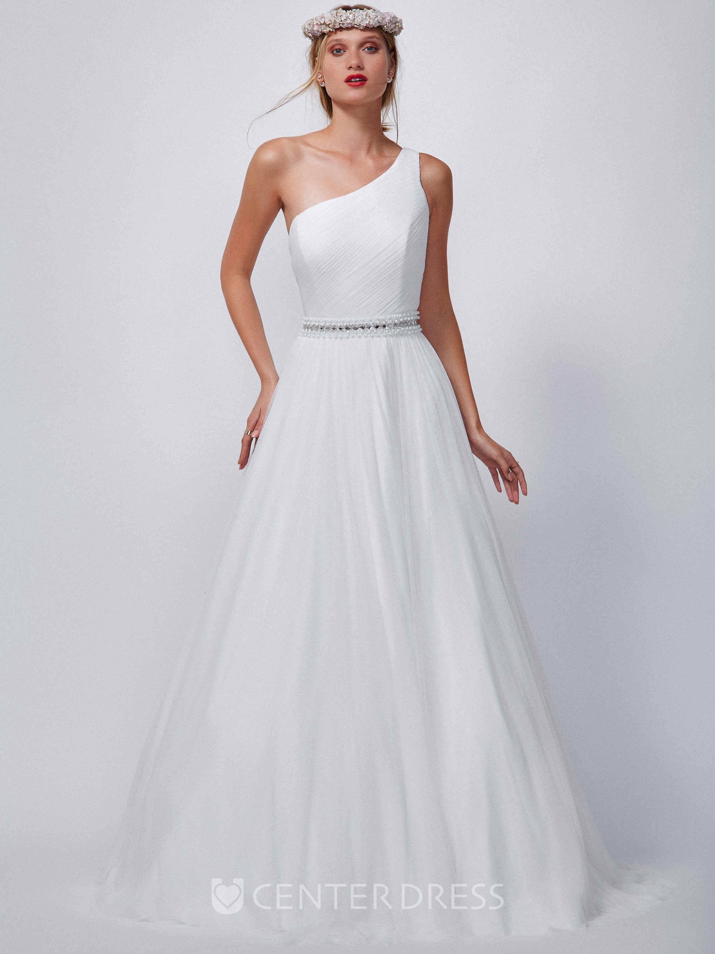 Floor Length One Shoulder Ruched Chiffon Wedding Dress With Court