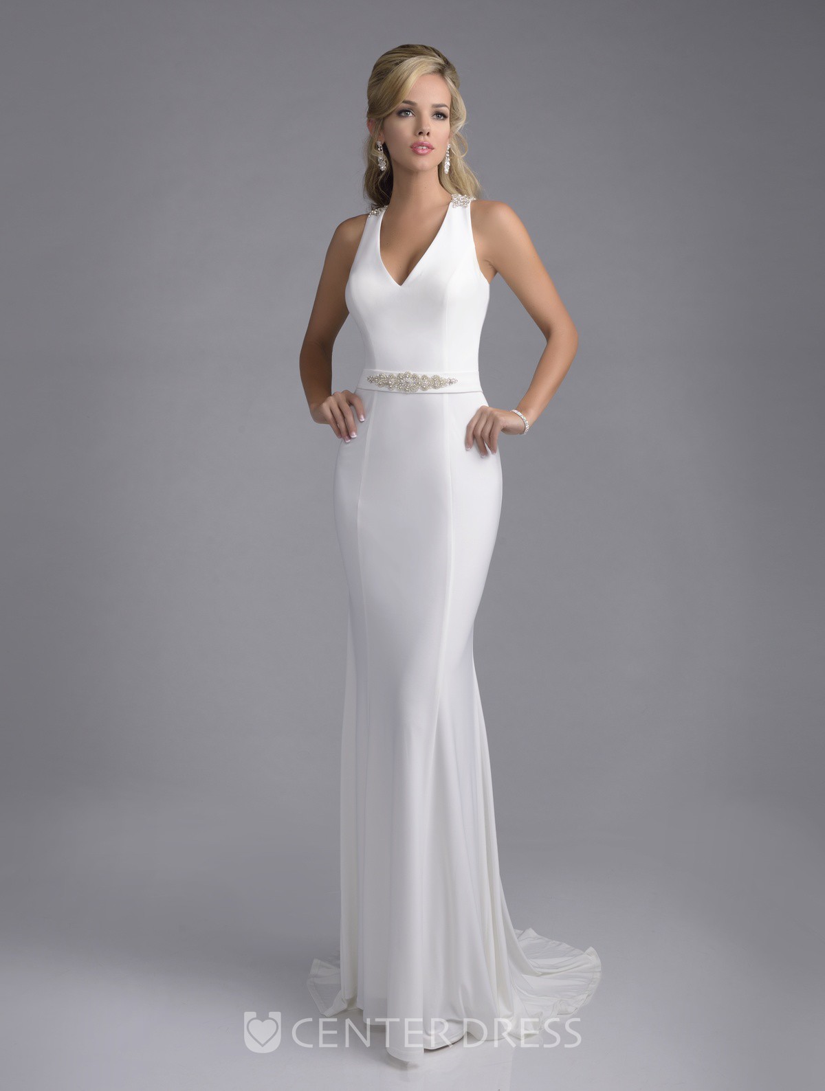 Form Fitted V Neck Satin Chiffon Wedding Dress With Jewels And