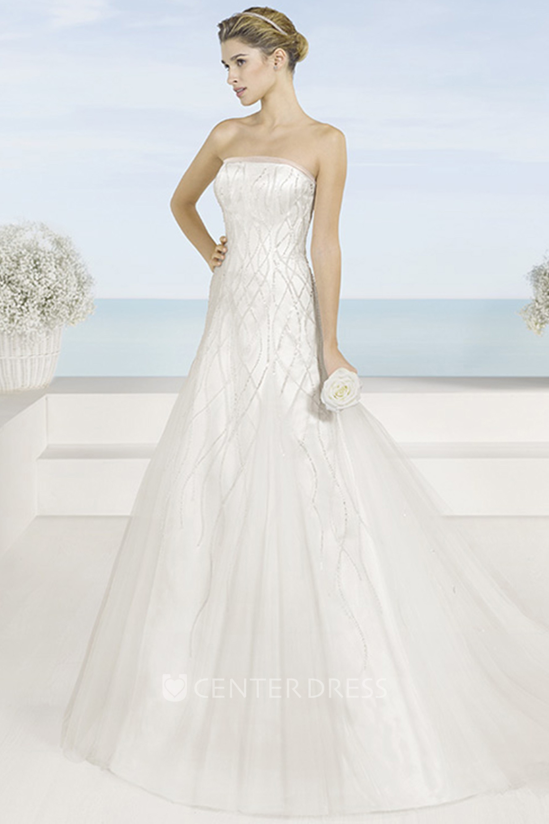 A Line Beaded Sleeveless Strapless Floor Length Satin Wedding