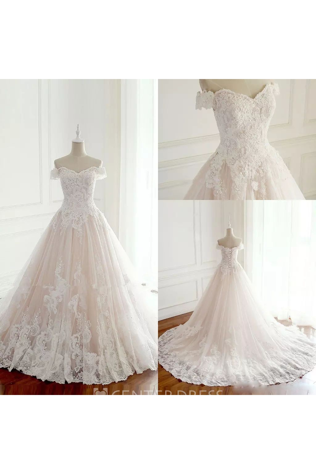 Sleeveless A Line Off The Shoulder Floor Length Chapel Train Lace