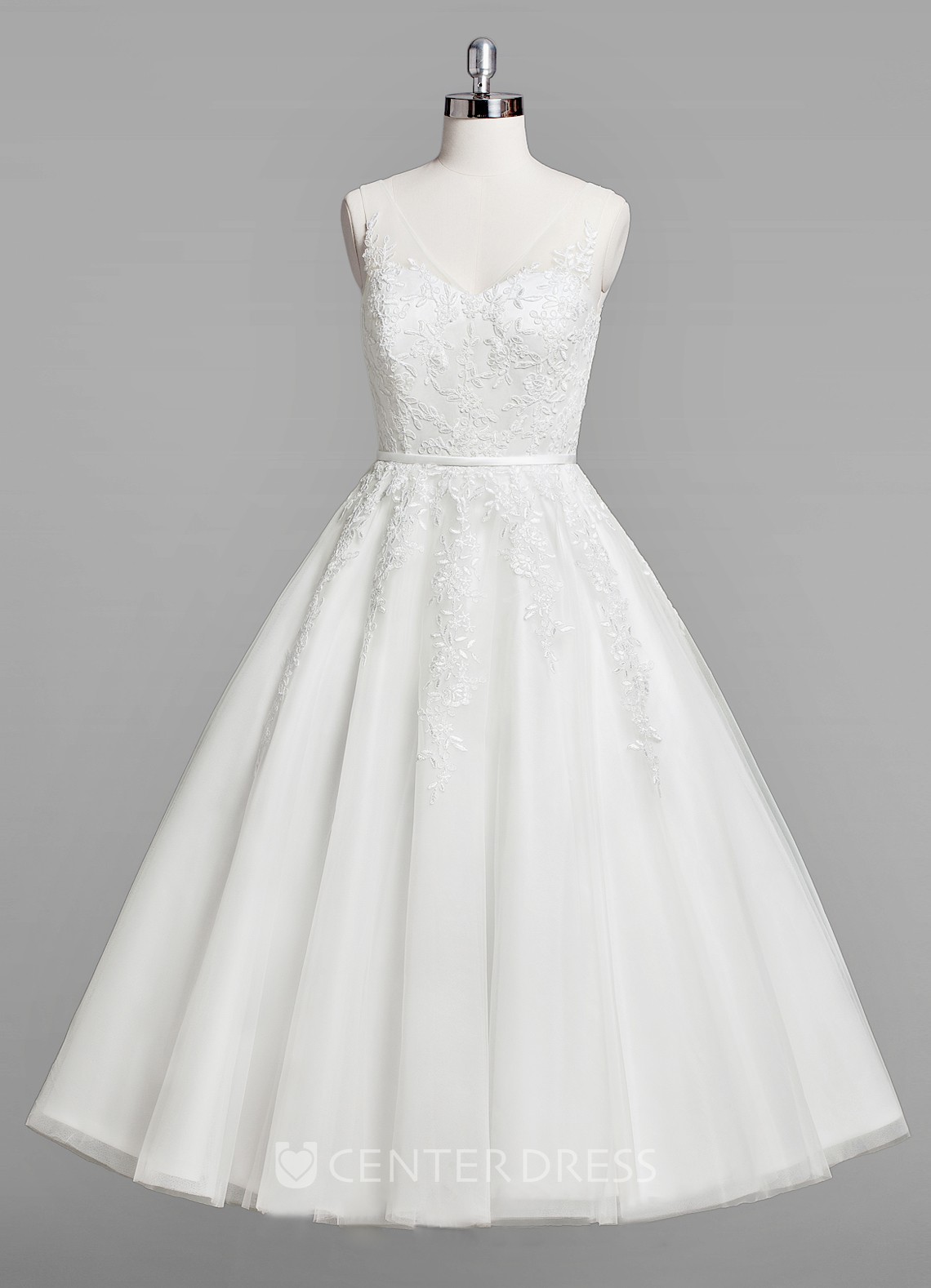 V Neck Sleeveless A Line Lace Tea Length Wedding Dress Ucenter Lace Tea Length Wedding Dress