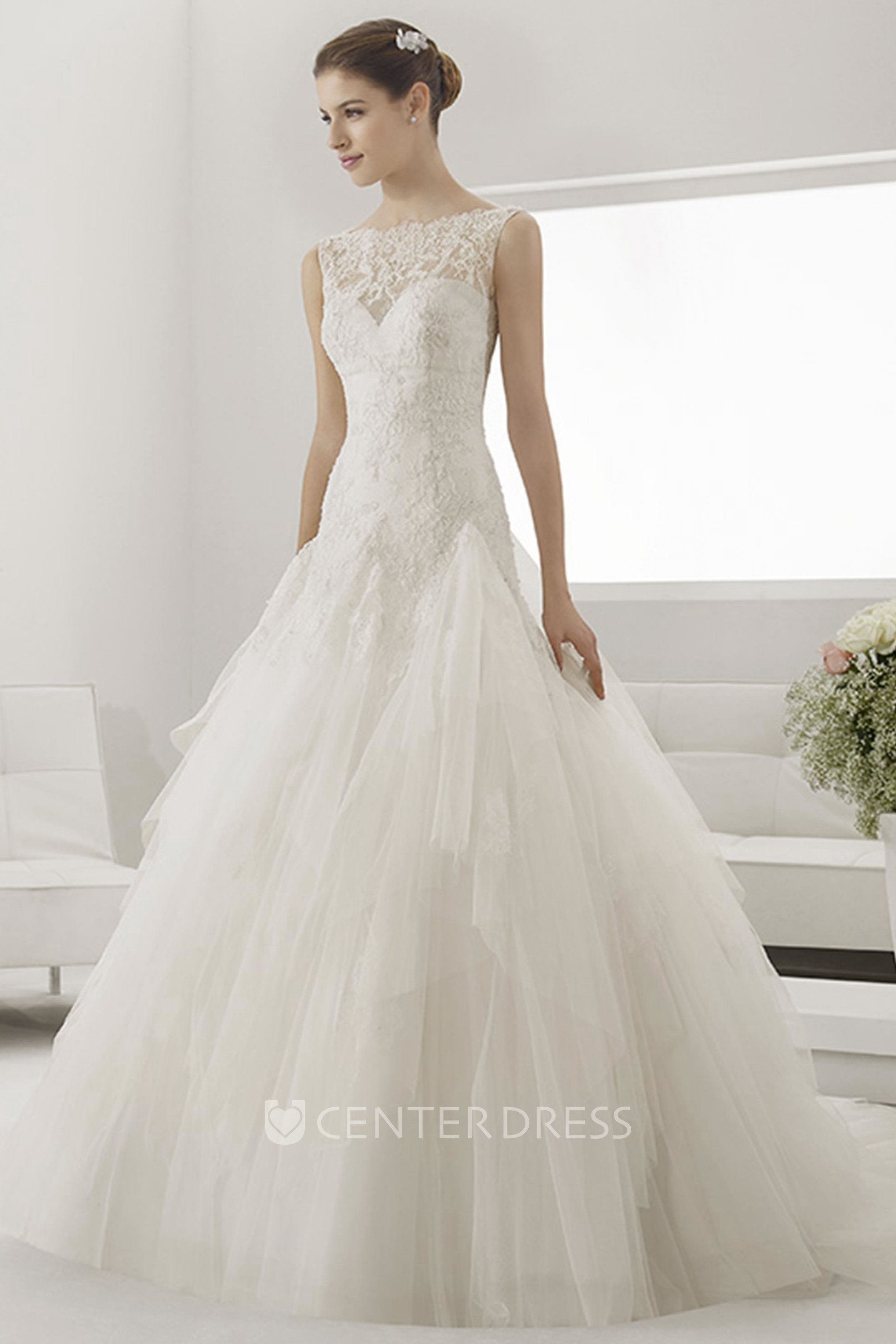 Lace Top Bateau Neck Drop Waist Bridal Gown With Layered Tulle