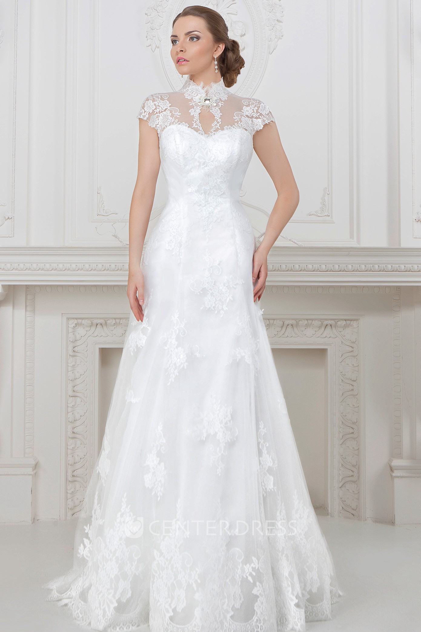 A Line Cap Sleeve Maxi High Neck Lace Wedding Dress With Corset