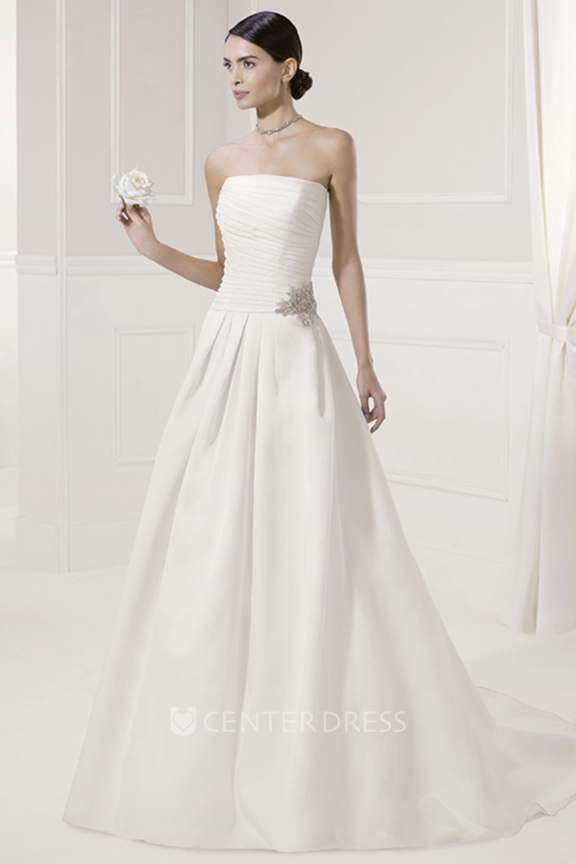 Strapless Ruched A Line Bridal Gown With Removable Long Sleeve