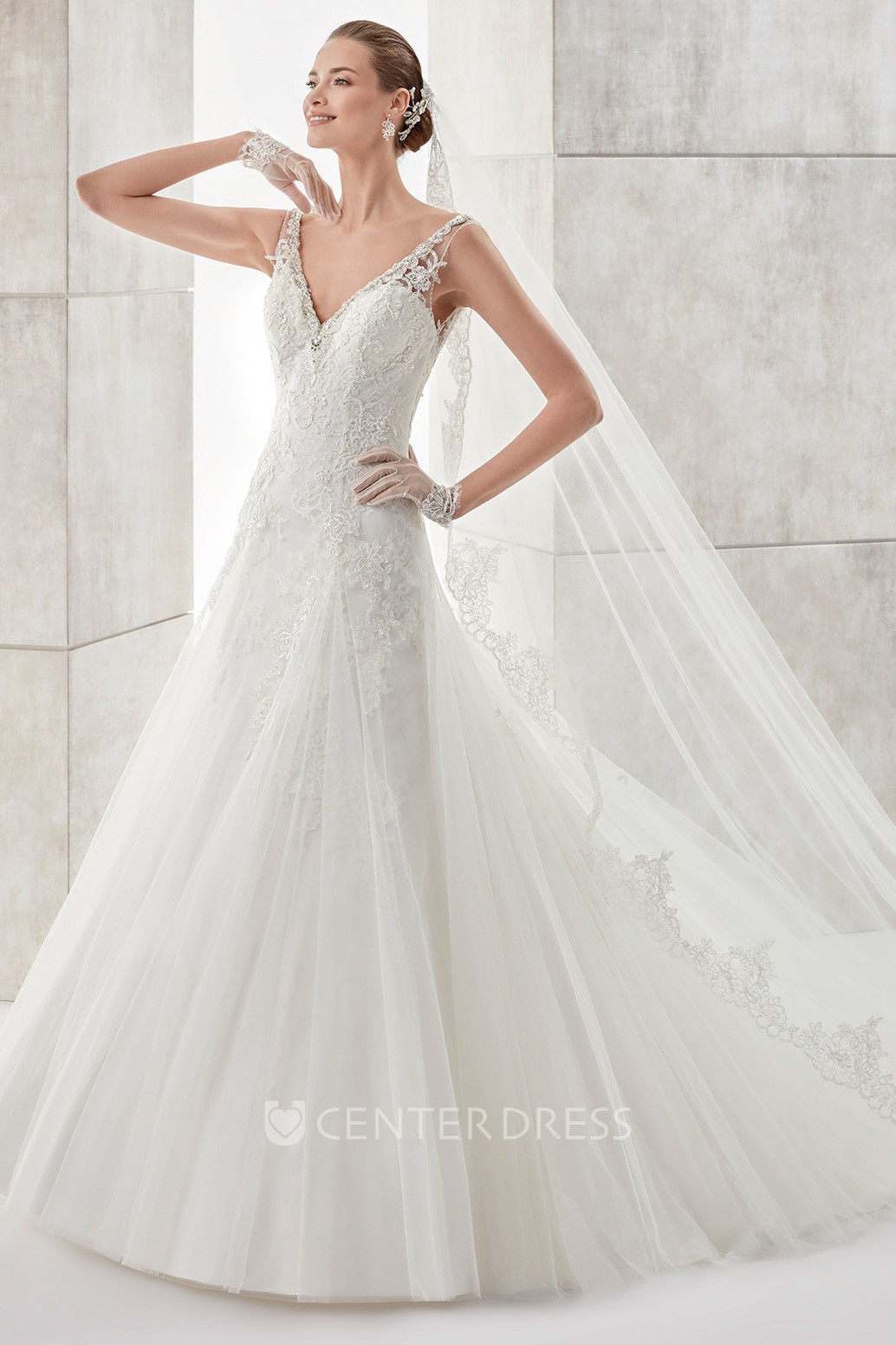 V Neck A Line Wedding Dress With Illusive Lace Straps And Low V