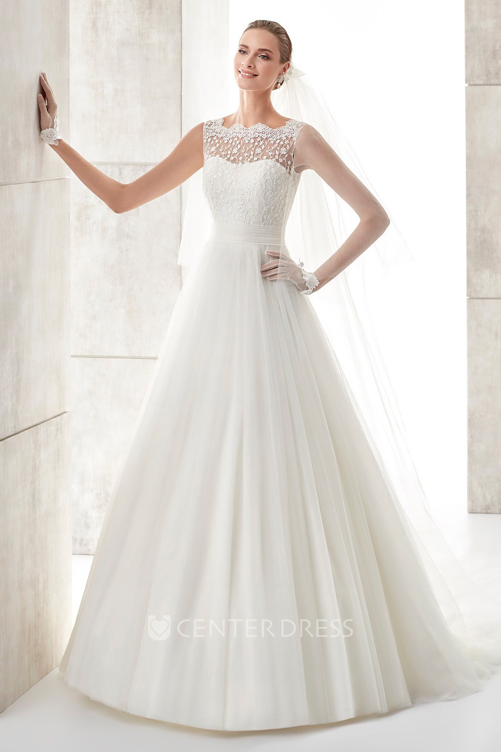 Scallop Neck A Line Wedding Dress With Cinched Waistband And