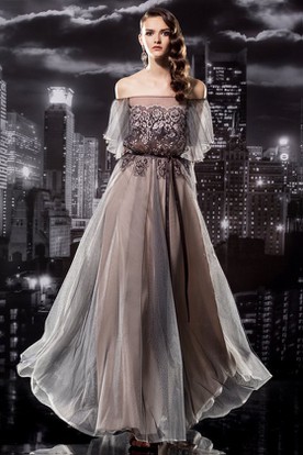 Prom Gowns Couture Rianna Formal Dresses Ucenter Dress A Line Off The Shoulder Short Sleeve Tulle Illusion Dress With Liques And