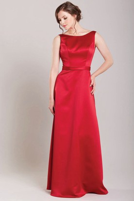 Red Bridesmaid Dresses Formal Ucenter Dress Sleeveless Scoop Neck Ribboned Satin Bridesmaid Dress With Low V Back
