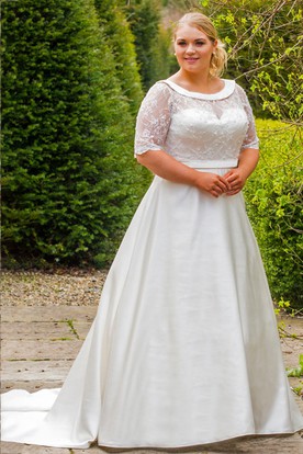 Full Figured Wedding Dresses Plus Size Bridal Gowns Ucenter Dress A Line Floor Length Scoop Neck Half Sleeve Satin Plus Size Wedding