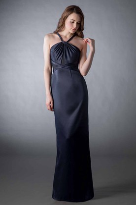 Navy Bridesmaid Dresses Under 100 Sheath Stred Ruched Sleeveless Satin Bridesmaid Dress