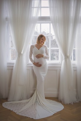 Maternity Wedding Dresses Pregnant Bridal Ucenter Dress Mermaid Jersey Lace V Neck Long Sleeve Maternity Wedding Dress