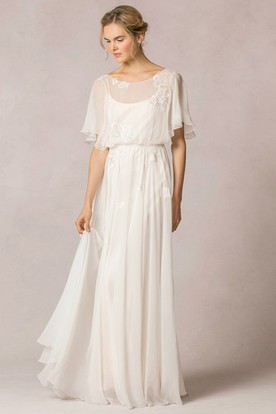 Bohemian Bridal Dresses Boho Style Wedding Gown Ucenter Dress Sheath Scoop Neck Floor Length Poet Sleeve Liqued Chiffon Wedding Dress With Pleats