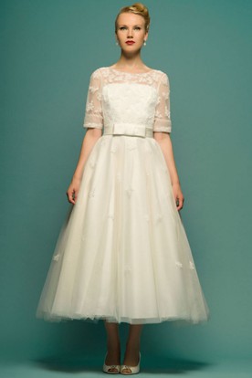 A Line Tea Length Wedding Dress