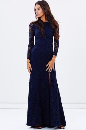 Long Navy Blue Bridesmaid Dresses Split Front Jewel Neck Long Sleeve Lace Bridesmaid Dress