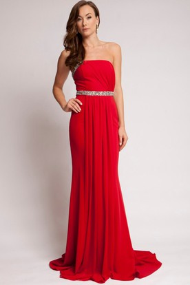 Long Red Strapless Chiffon Dress