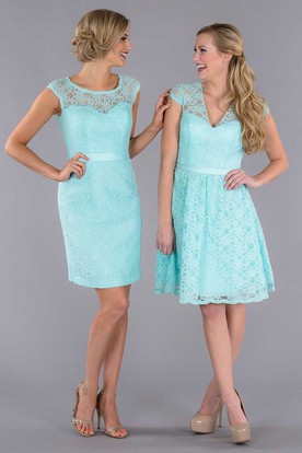 Tiffany Bridesmaid Gowns Blue Dresses For Ucenter Dress Short V Neck Cap Sleeve Ribboned Lace Bridesmaid Dress With Keyhole
