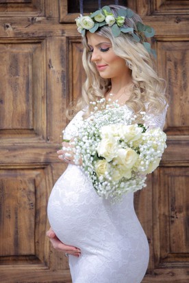 Maternity Wedding Dresses Pregnant Bridal Ucenter Dress Mermaid Lace Scoop Long Sleeve Pleated Maternity Wedding Dress