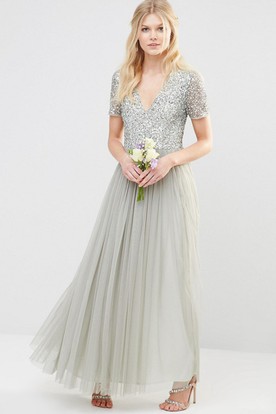 Silver Bridesmaid Dresses Grey Ucenter Dress Ankle Length V Neck Short Sleeve Pleated Tulle Bridesmaid Dress