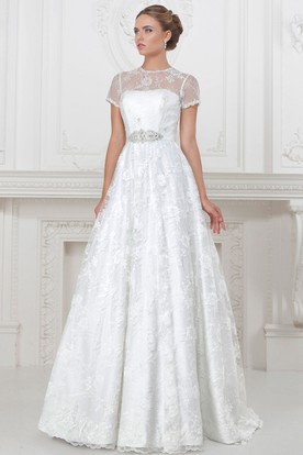 High Neck Lace Wedding Dresses Ucenter Dress A Line Floor Length High Neck Liqued Short Sleeve Lace Satin Wedding Dress