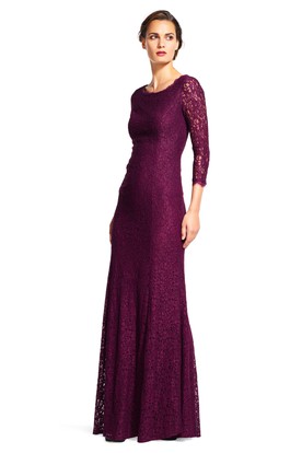 Purple Lace Bridesmaid Dresses Gowns Sheath 3 4 Sleeve Maxi Scoop Neck Lace Bridesmaid Dress With V Back