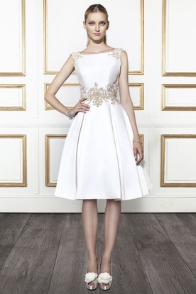 Knee Length Wedding Dresses Short Ucenter Dress Bateau Midi Liqued Satin Wedding Dress With V Back