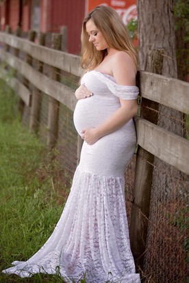 Maternity Wedding Dresses Pregnant Bridal Ucenter Dress Mermaid Lace Off The Shoulder Short Sleeve Pleated Ruched Maternity Wedding Dress