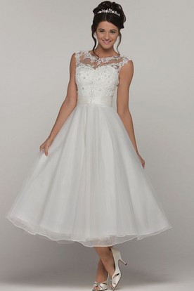 A Line Tea Length Wedding Dress
