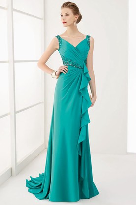 Prom Dresses Under 100 Ucenter Dress V Neck Back Crystal Waist Long Prom Dress With Ruffles And Brush Train