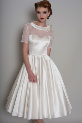 White Halter Tea Length Wedding Dress