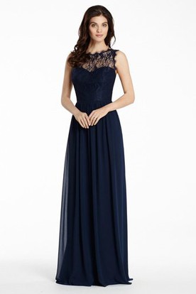 Long Navy Blue Bridesmaid Dresses A Line Pleated Bateau Floor Length Sleeveless Chiffon Lace Bridesmaid Dress With Illusion
