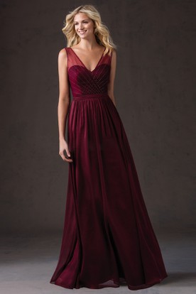 Deep Red Bridesmaid Dresses Dark Ucenter Sleeveless V Neck Long Bridesmaid Dress With Beadings And Illusion Style