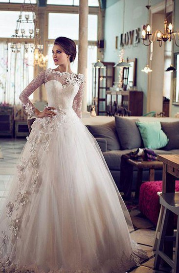 Long Sleeve A Line Bridal Gown With Brush Train And Illusive