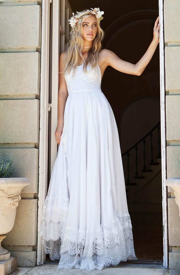 Discount Summer Bohemian Wedding Dresses Cheap Sheer Neck