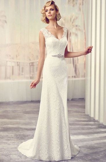 Long V Neck Wedding Dress With Sweep Train And V Back Ucenter Dress