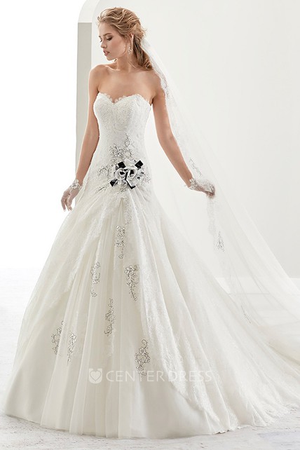 Sweetheart Beaded Flower Lace Bridal Gown With Lace Up Back And