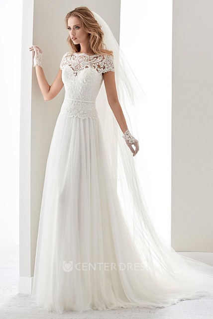 Scalloped Neck Illusion Draping Wedding Dress With Lace Bodice And