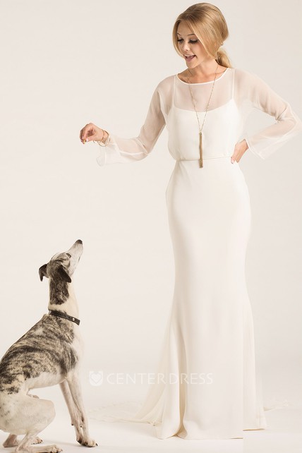 Scoop Floor Length Long Sleeve Chiffon Wedding Dress With Watteau Scoop Floor Length Long Sleeve Chiffon Wedding Dress With Watteau Train And V Back