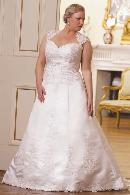 A Line Cap Sleeve Floor Length Sweetheart Lace Plus Size Wedding