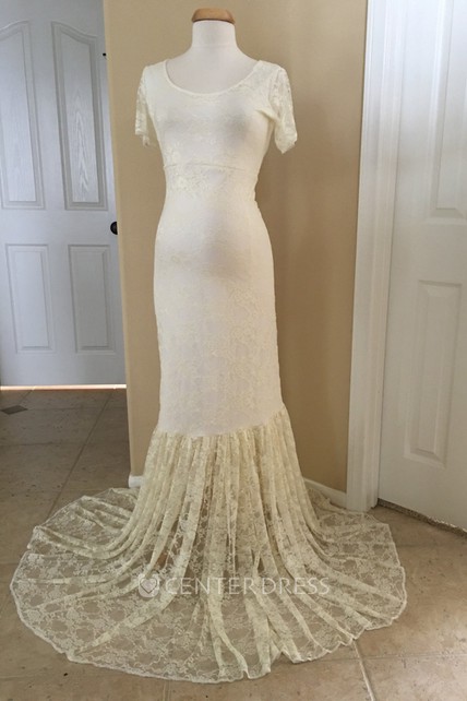 Mermaid Lace Scoop Short Sleeve Pleated Maternity Wedding Dress